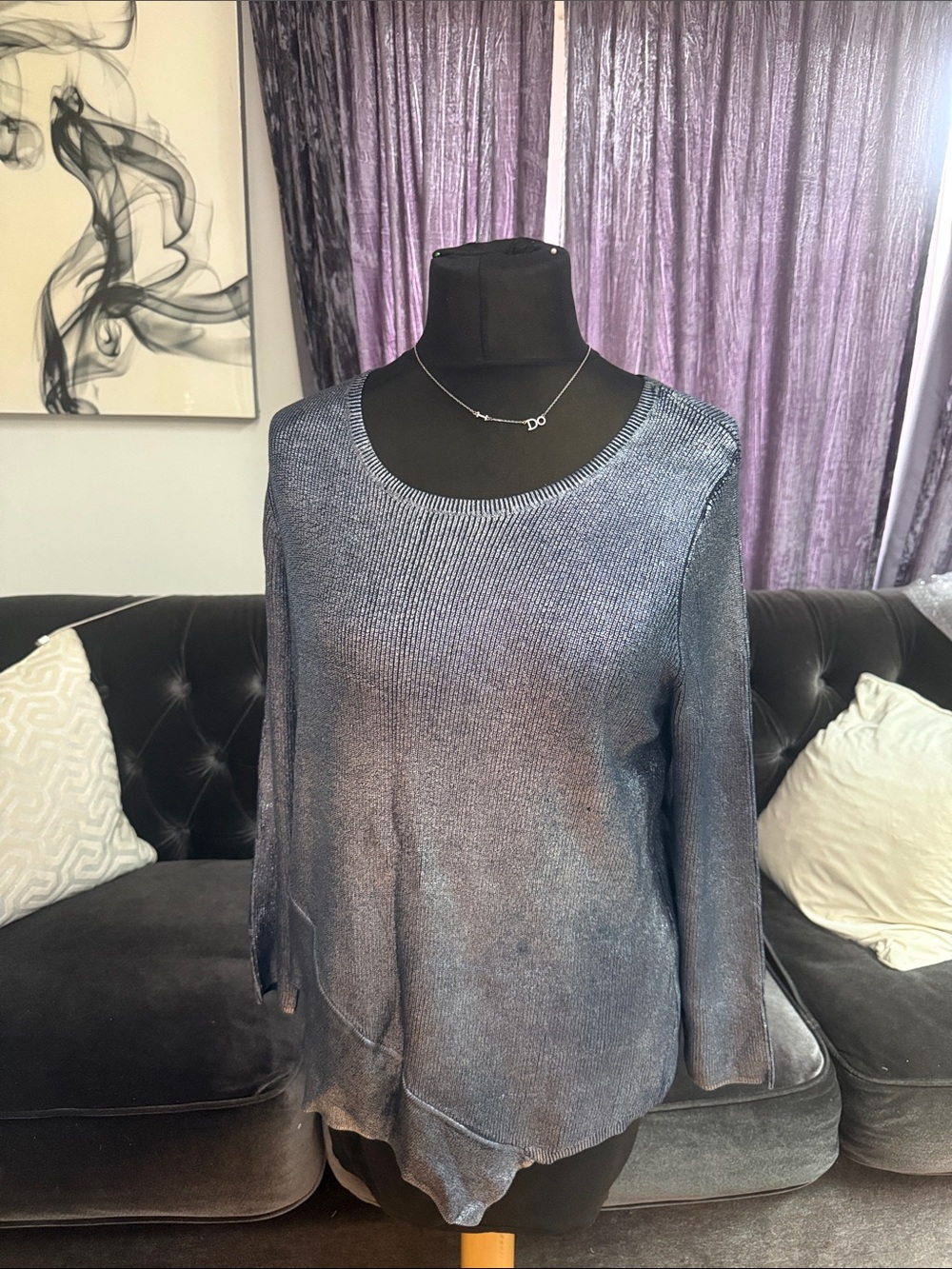 Chico's Navy Metallic Ribbed Knit Sweater